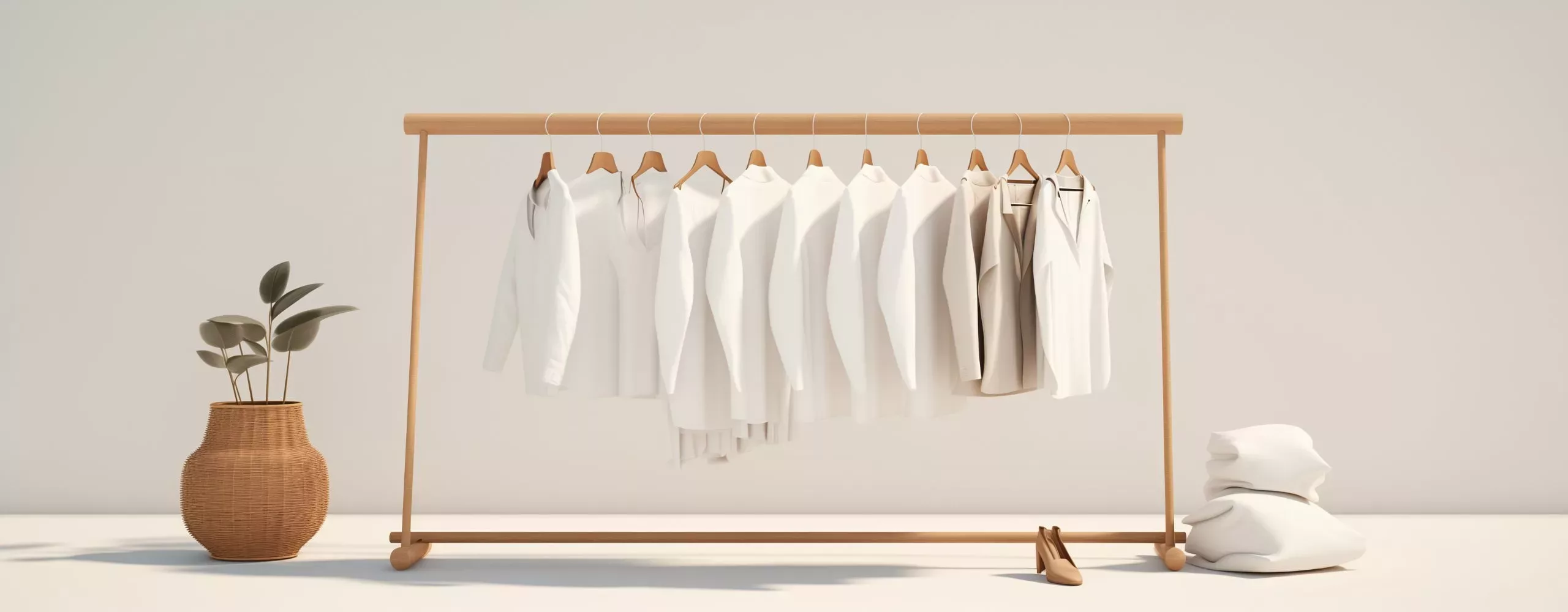 A collection of neatly hung white shirts