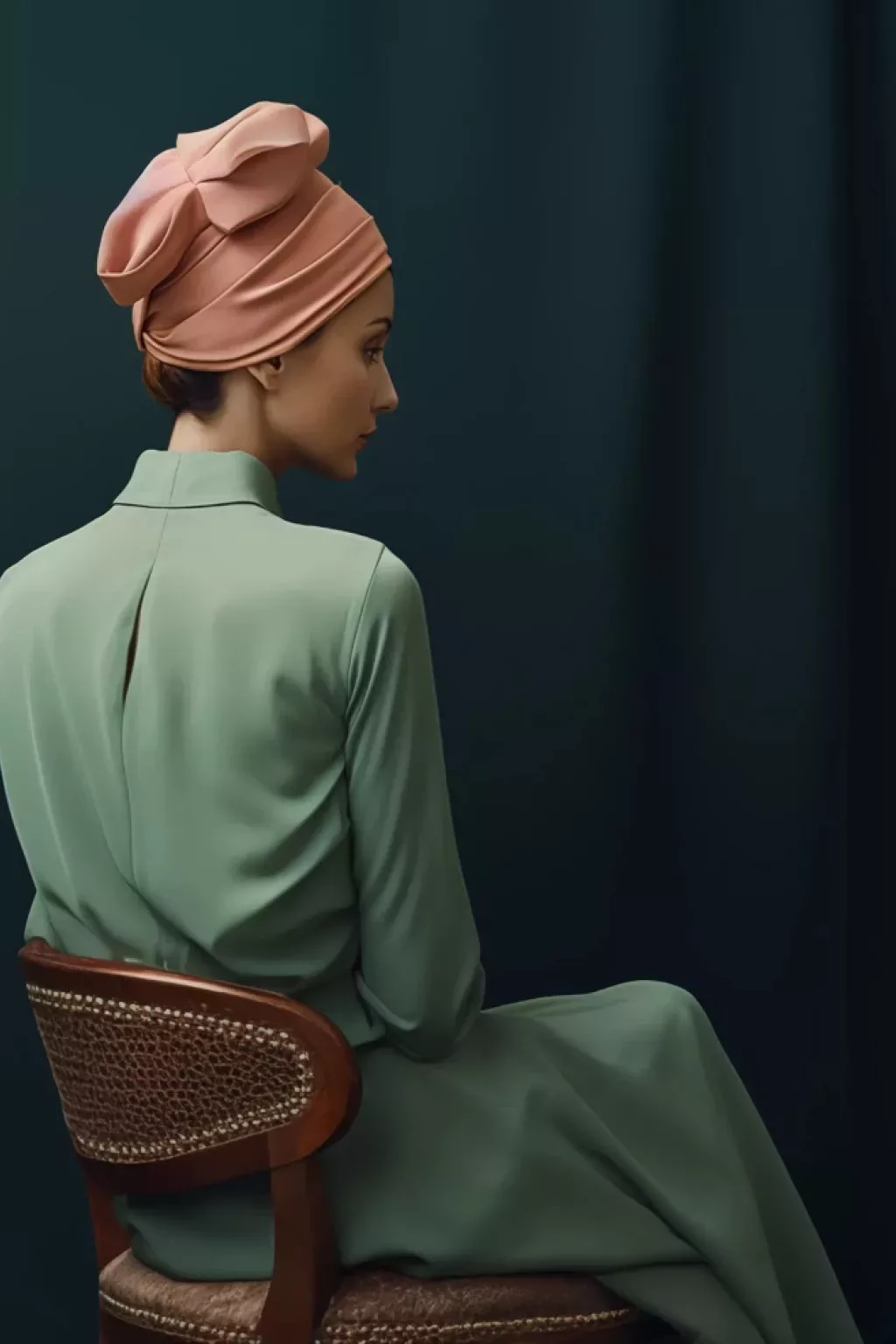 a model in a green dress is sitting wearing a turban