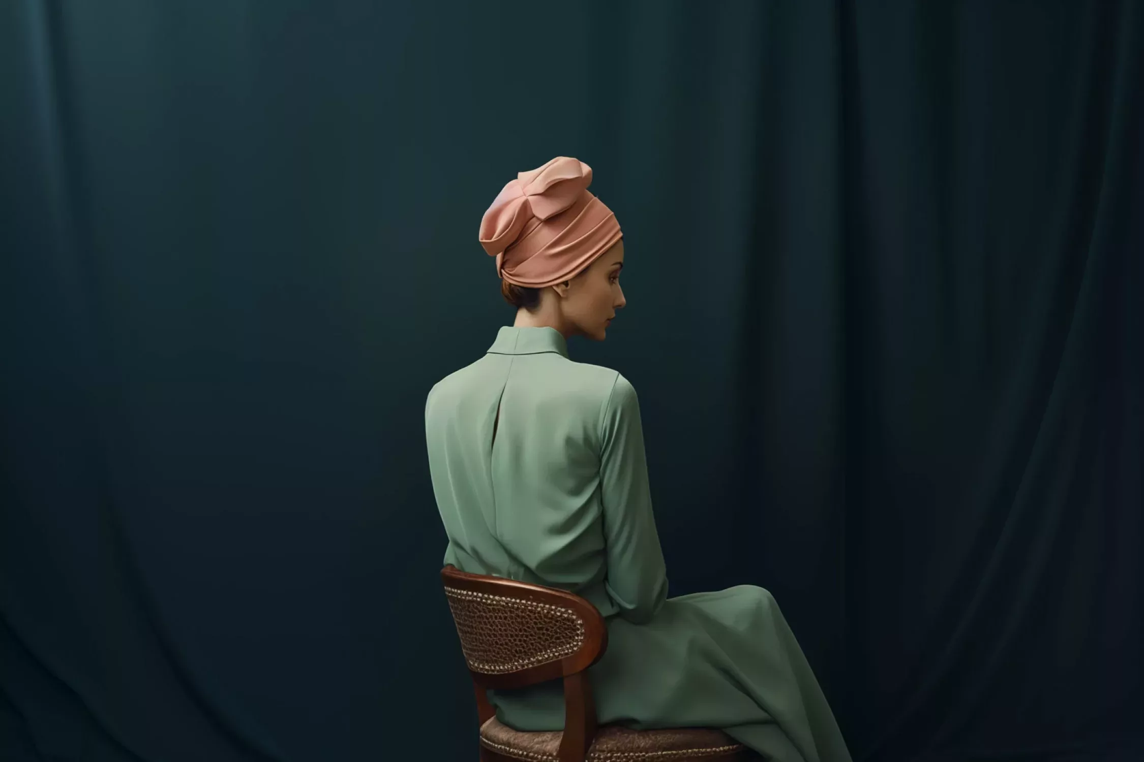 a model in a green dress is sitting wearing a turban