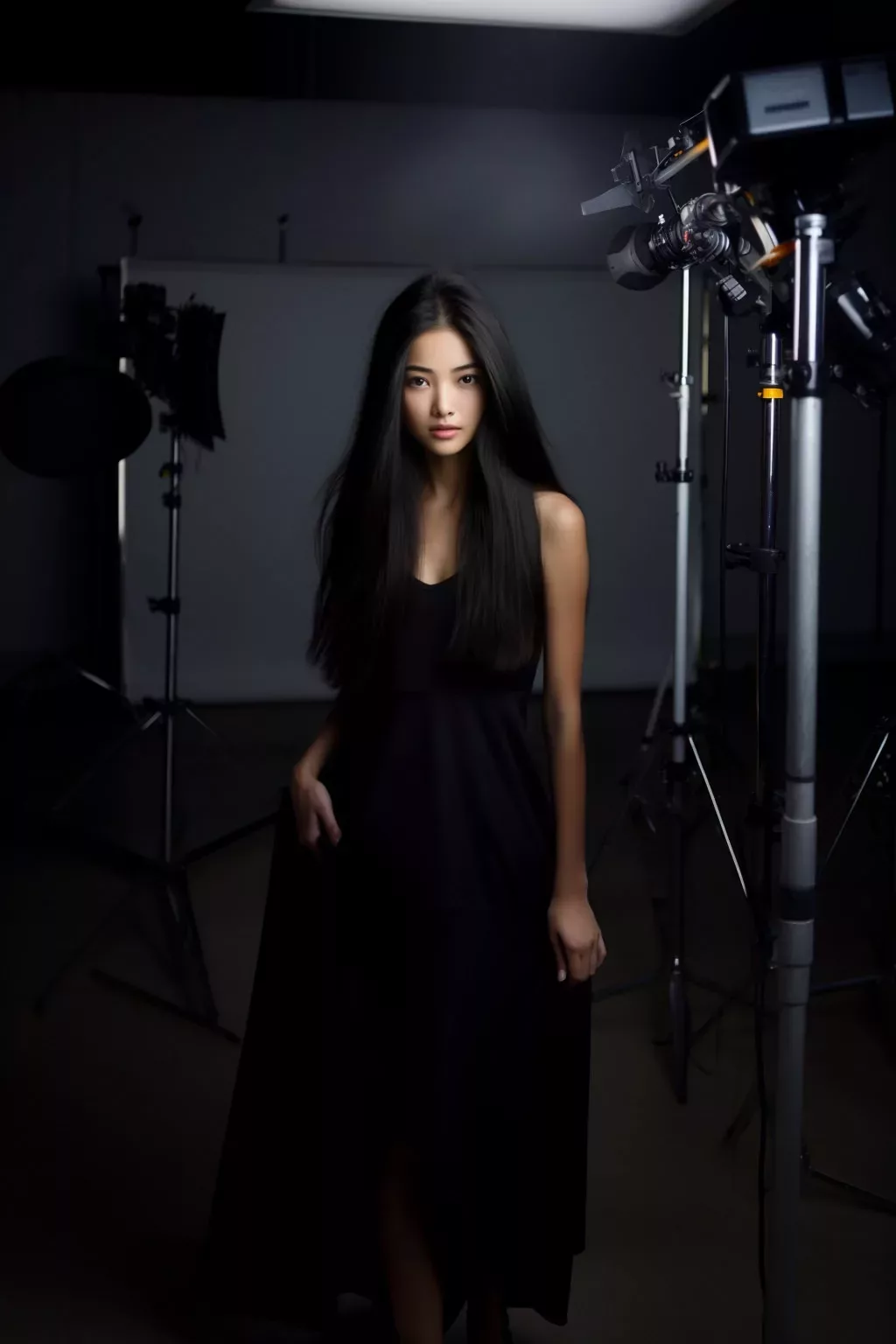 Beautiful woman in black standing in studio photo