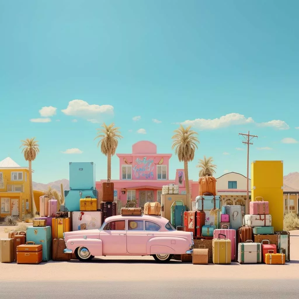 a pink car with a lot of colorful suitcase